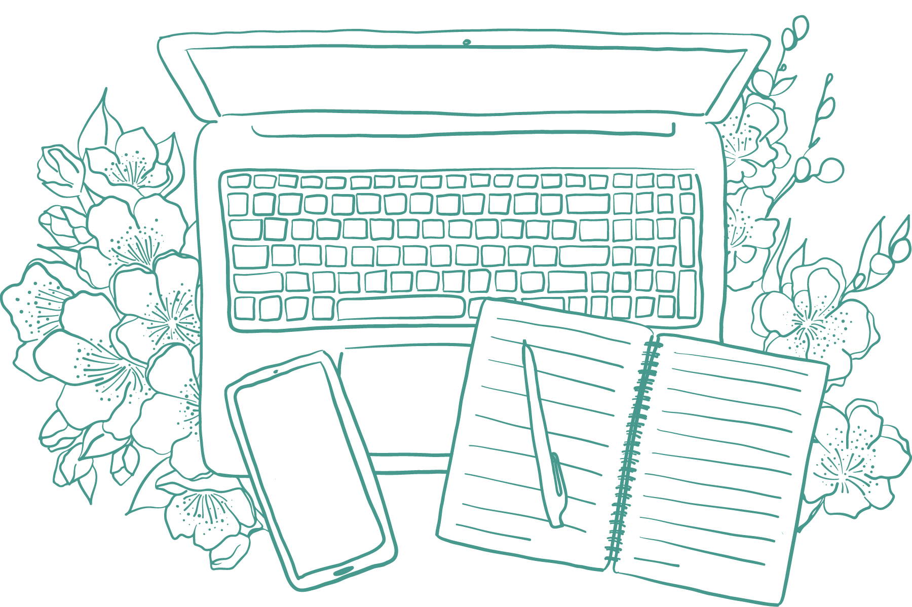 Illustration d'un ordinateur portable entouré de fleurs, avec un smartphone et un cahier ouvert avec un stylo posés dessus.