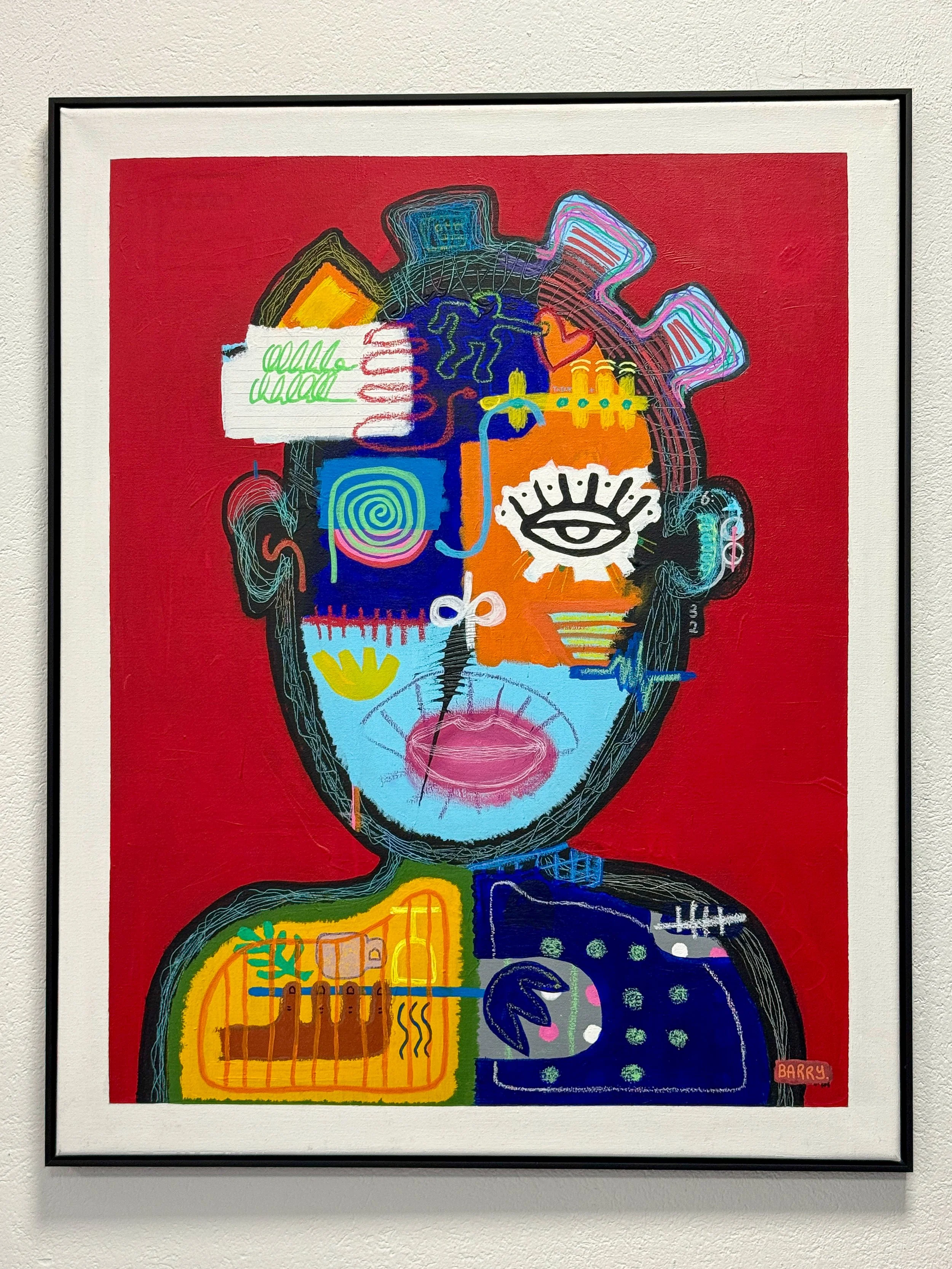 Service (2025) - Mixed Media on linen mounted in black wood frame - 100 x 80 x 2 cm