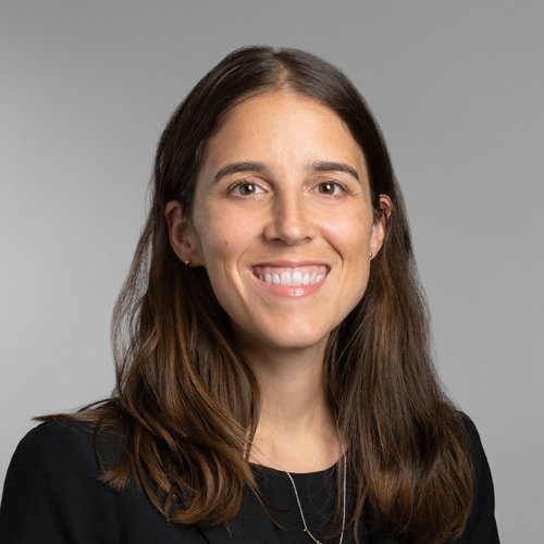 Headshot of a woman with long brown hair, smiling, wearing a black blazer and gold necklace against a gray background.