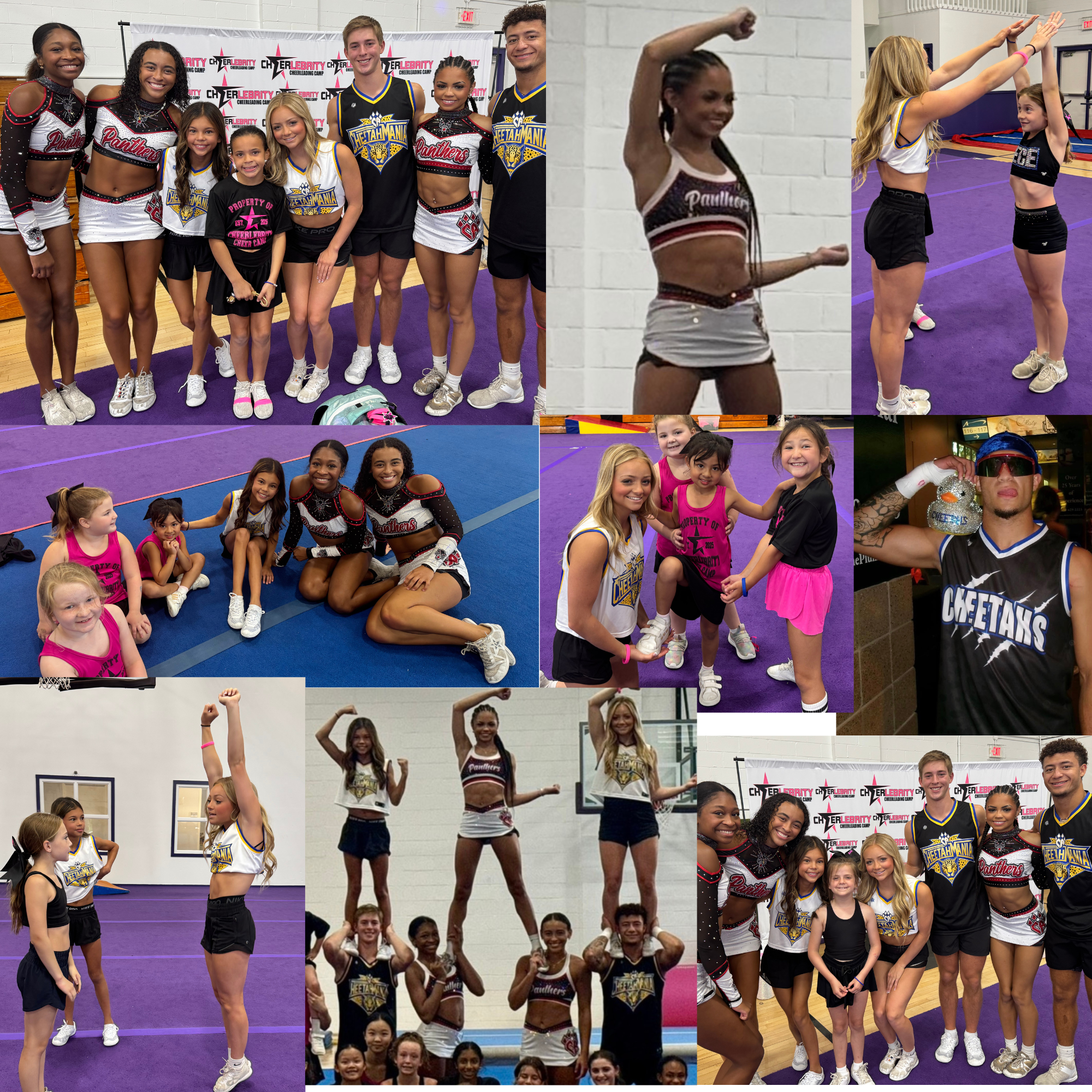 Photo collage of CA Cheetahs & Panthers, previous Cheerlebrity Guest Instructors