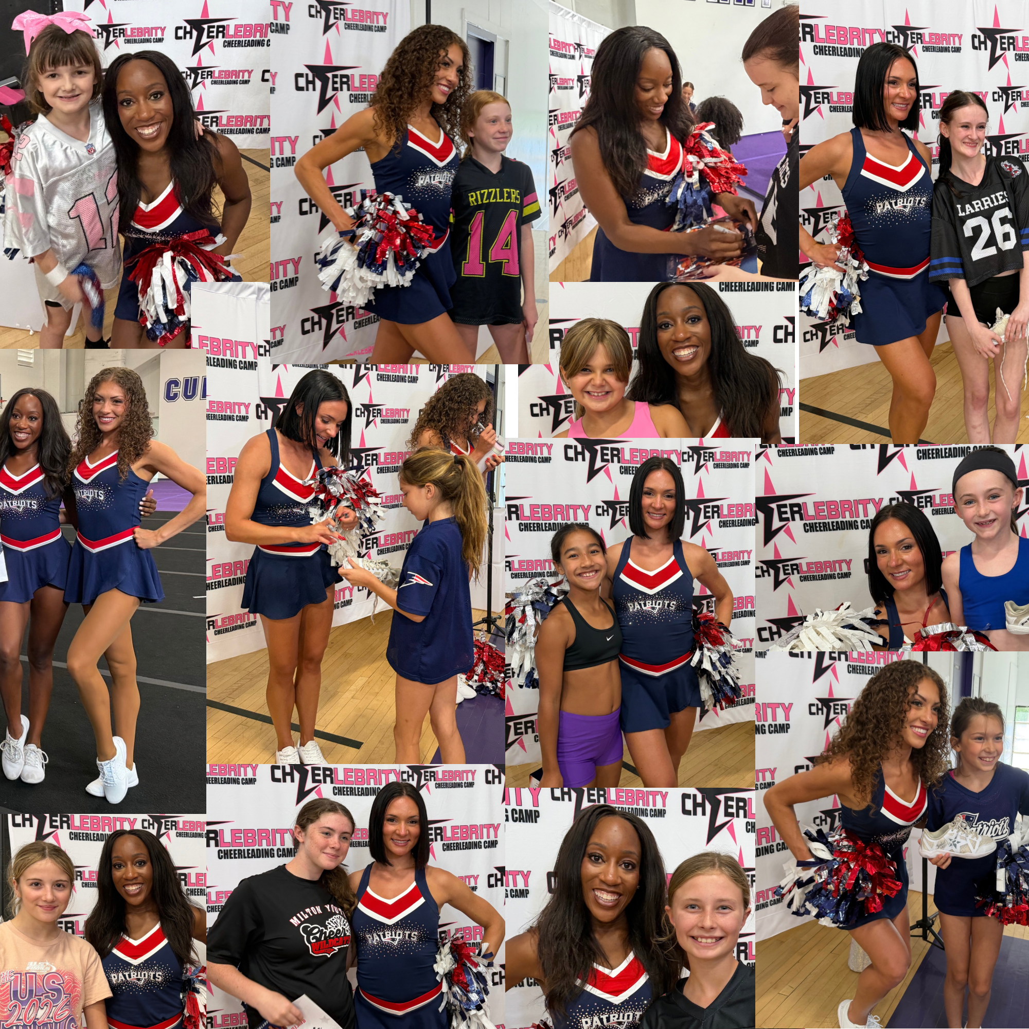 Photo collage of the New England Patriots Cheerleaders, previous Cheerlebrity Guest Instructors