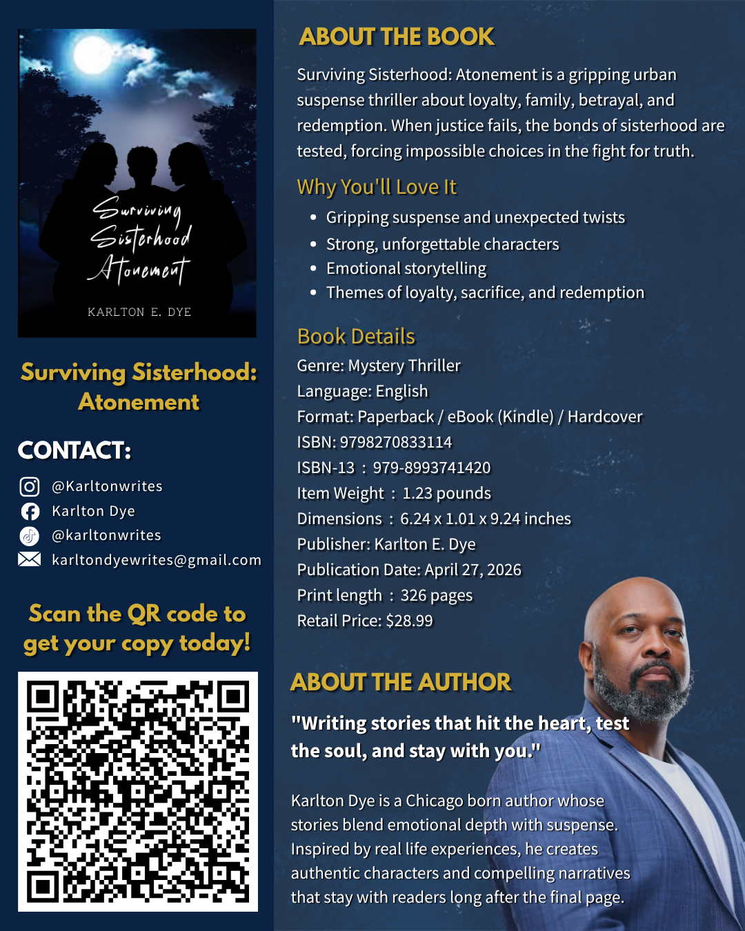 Book cover titled 'Surviving Sisterhood: Atonement' by Karlton E. Dye, featuring silhouettes of three women under a moonlit sky, with promotional information about the book and author on the right side.