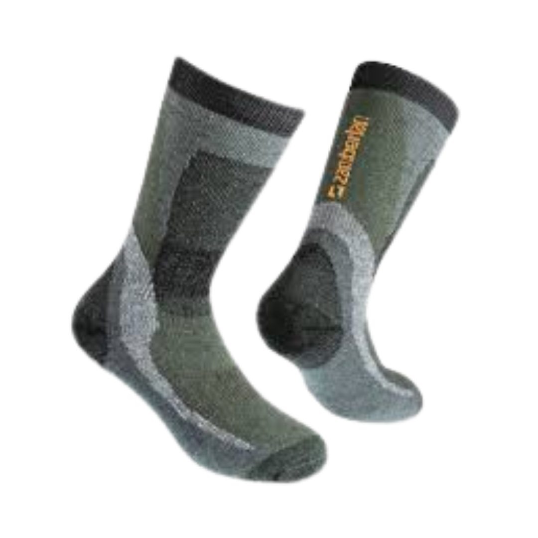A pair of gray and black hiking or sports socks with branding on the side.