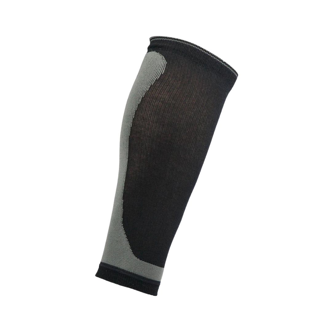 Black and gray knee compression sleeve with a curved pattern.