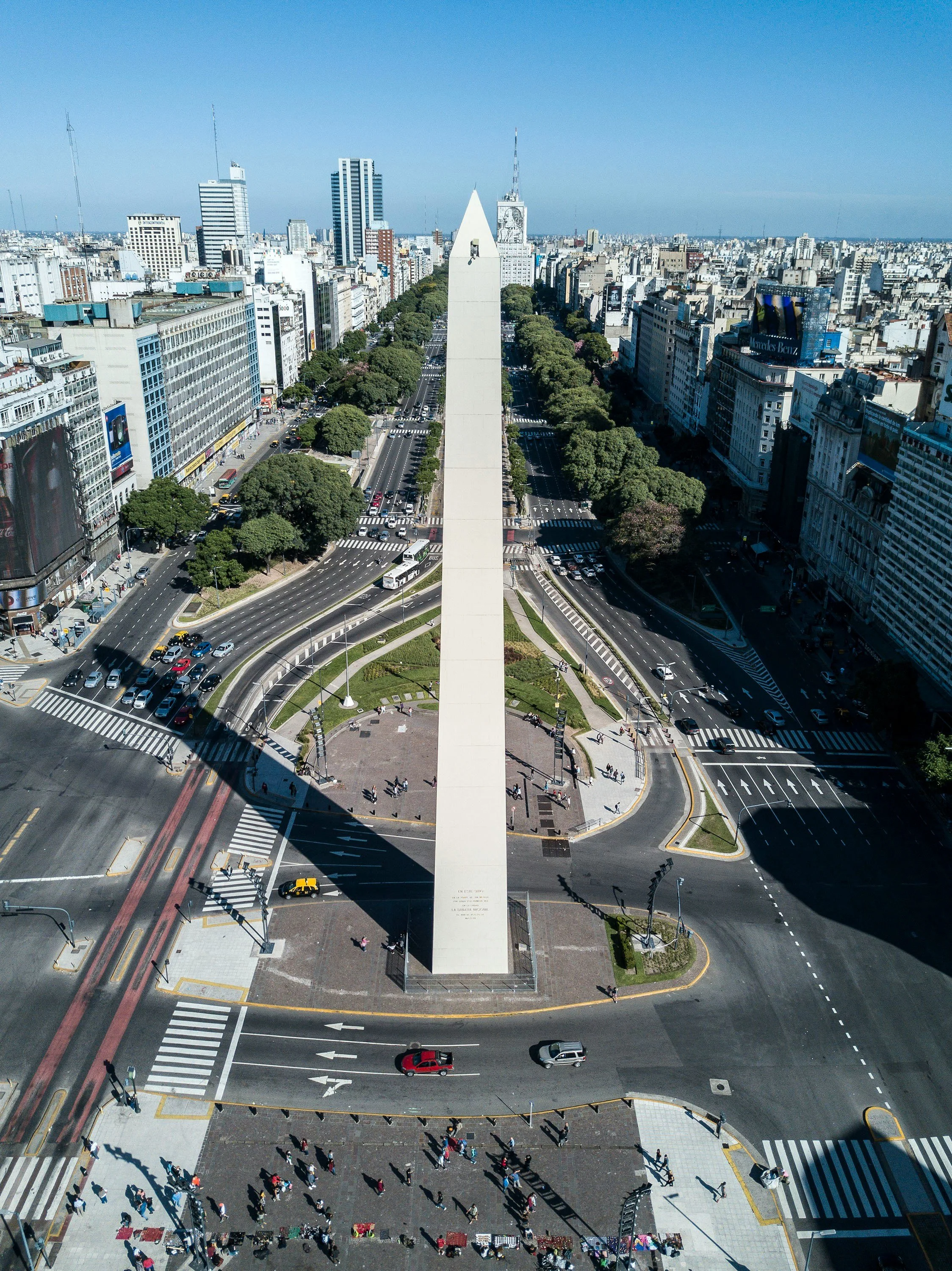Aerial view of the Obelisco on Avenida 9 de Julio in Buenos Aires, Argentina