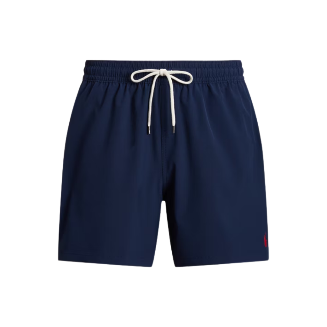 Navy blue shorts with an elastic waistband and white drawstring.