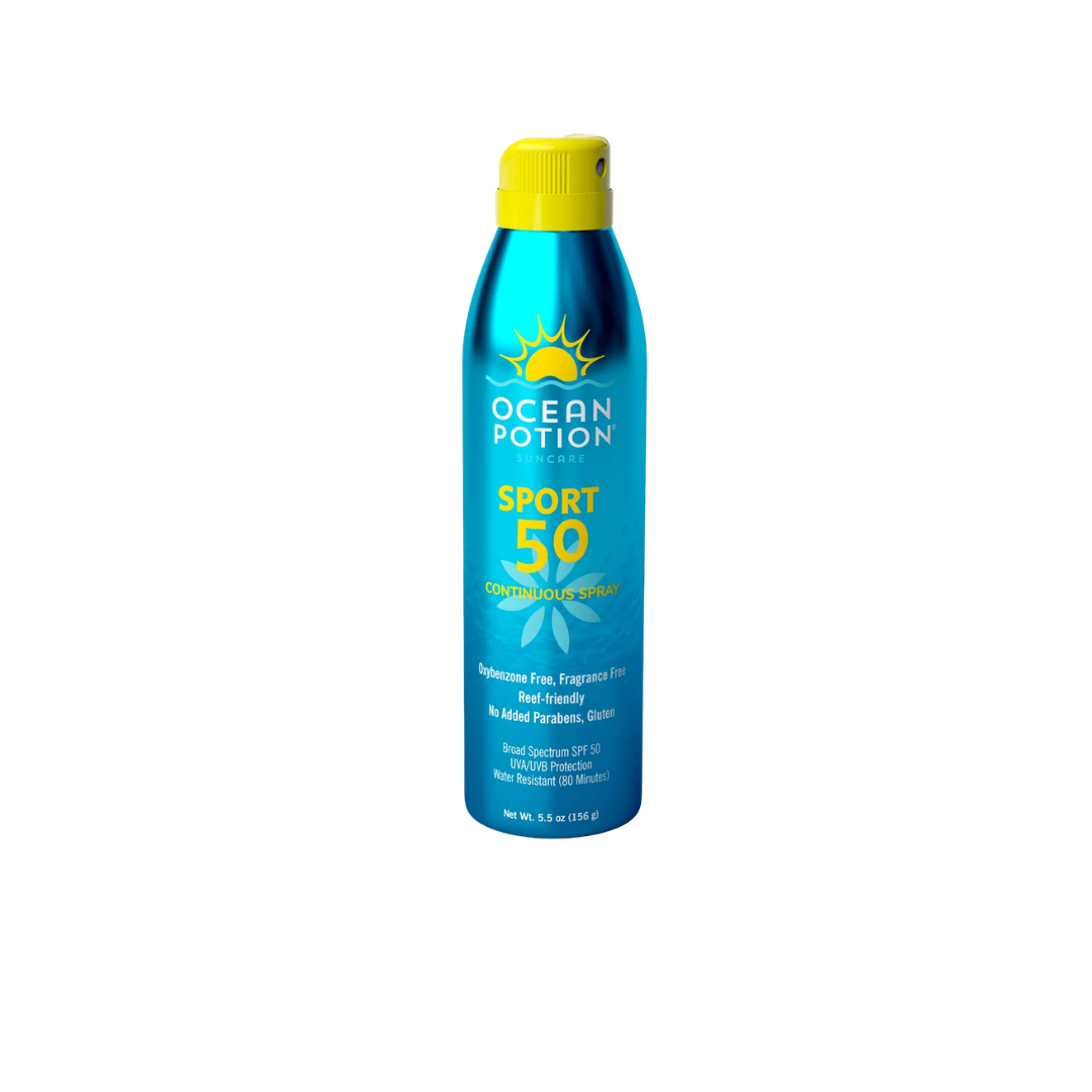 A blue spray sunscreen bottle with yellow cap labeled Ocean Potion Sport SPF 50, featuring a sun and wave design, and information on water resistance and UV protection.