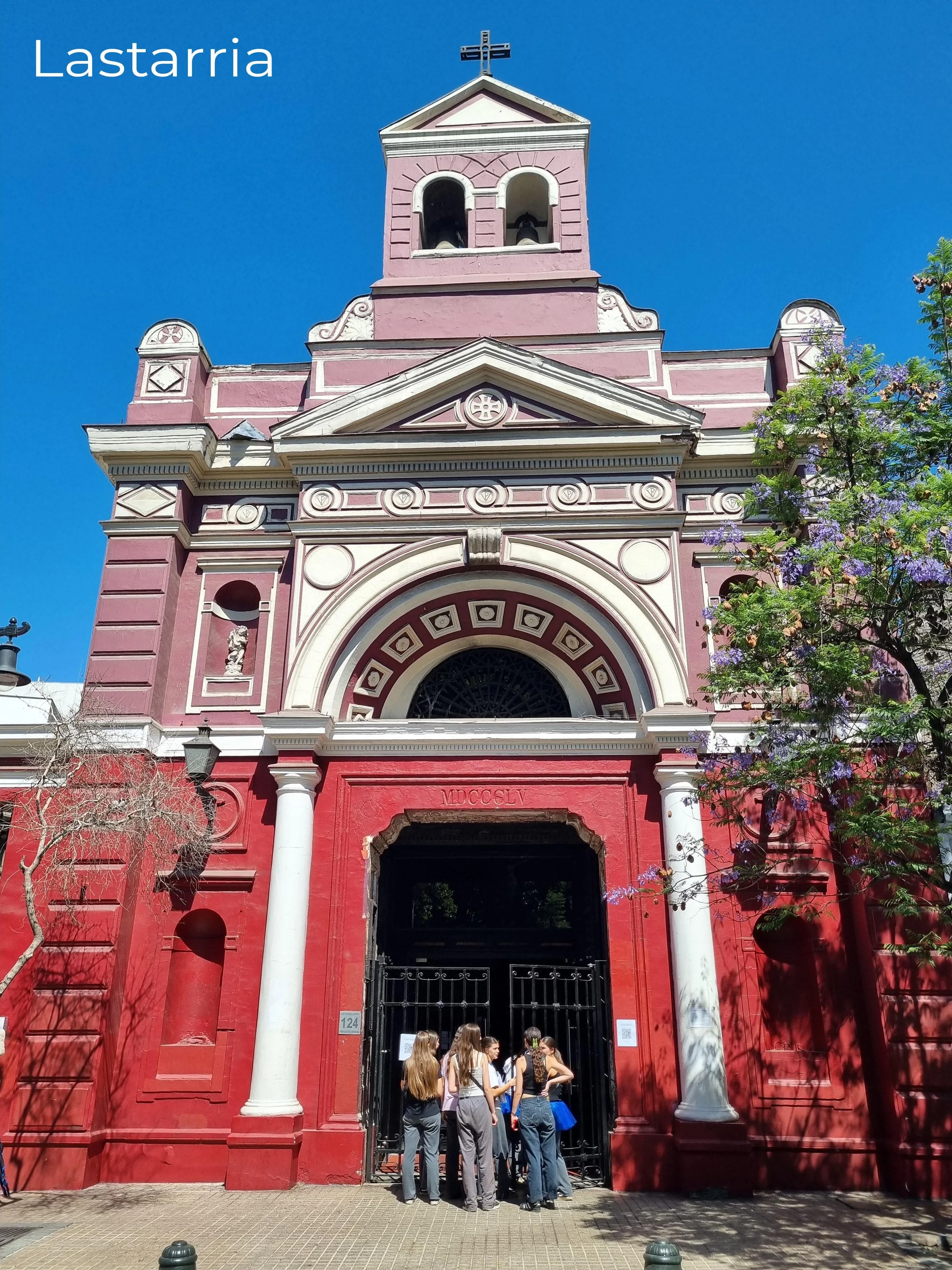Historic pink church in the Lastarria neighbourhood of Santiago, Chile
