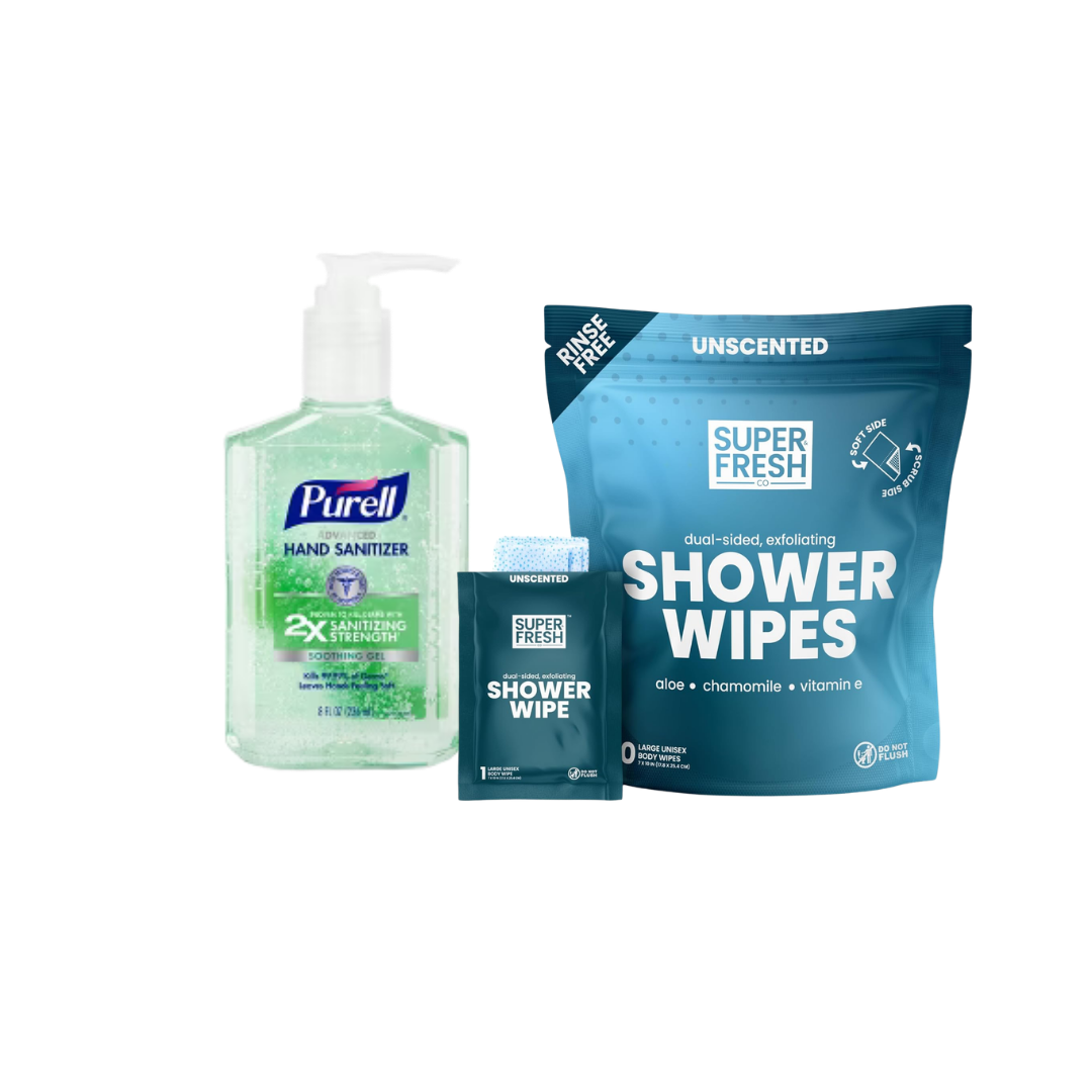 Hand sanitizer bottle and shower wipe packages placed together.