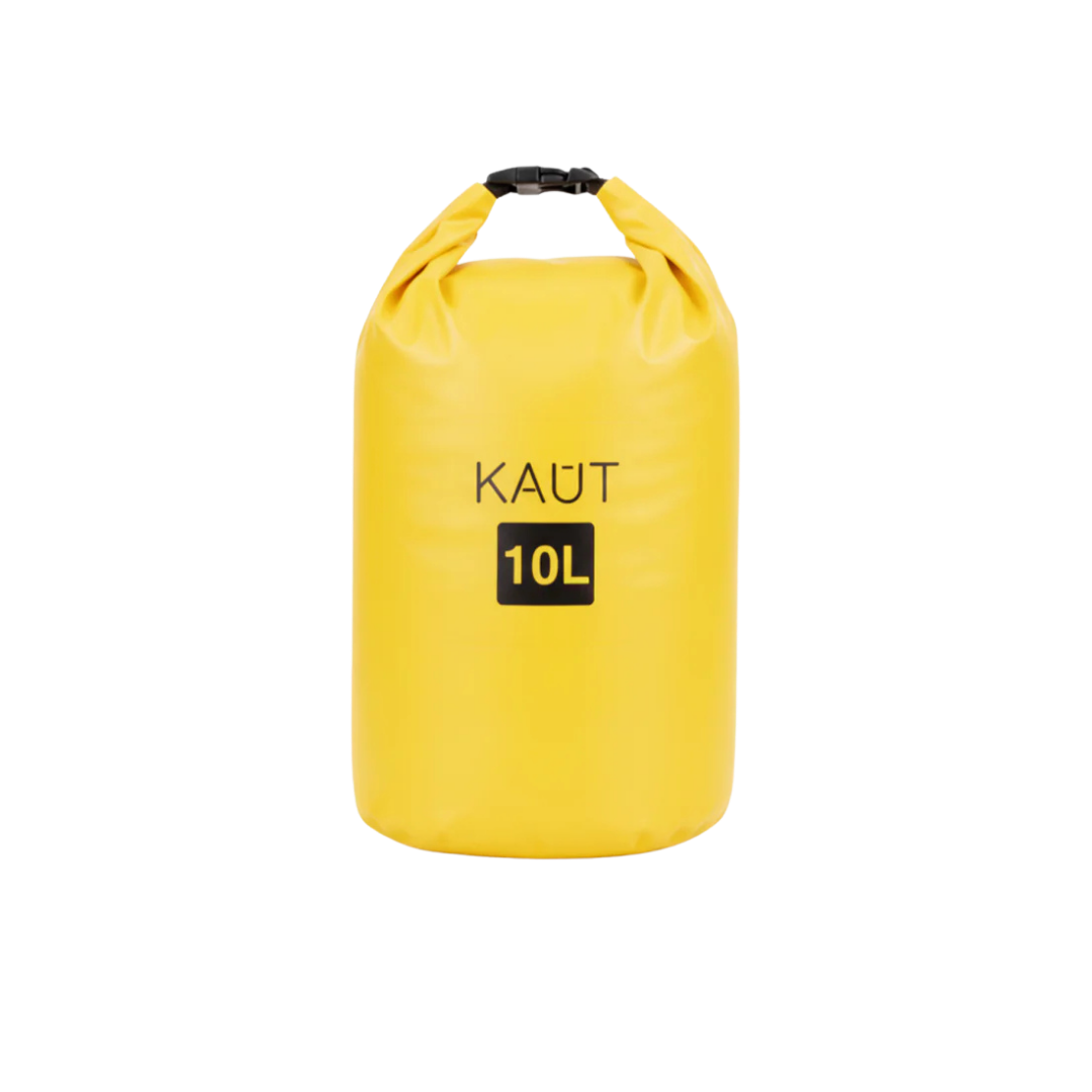 Yellow 10-liter dry bag with black handle and the words 'KAUT 10L' printed on the front.