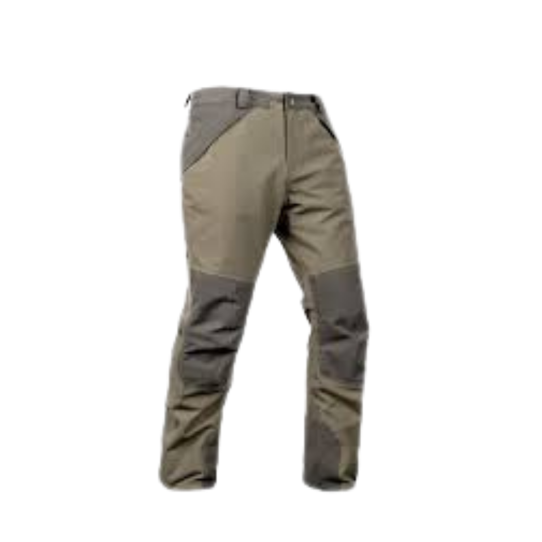A pair of beige and gray tactical or outdoor pants with multiple pockets and reinforced knees.