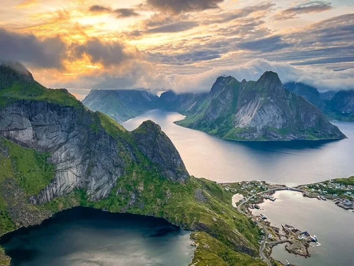 View from Reinebringen over the fjords and islands around Reine in the Lofoten Islands