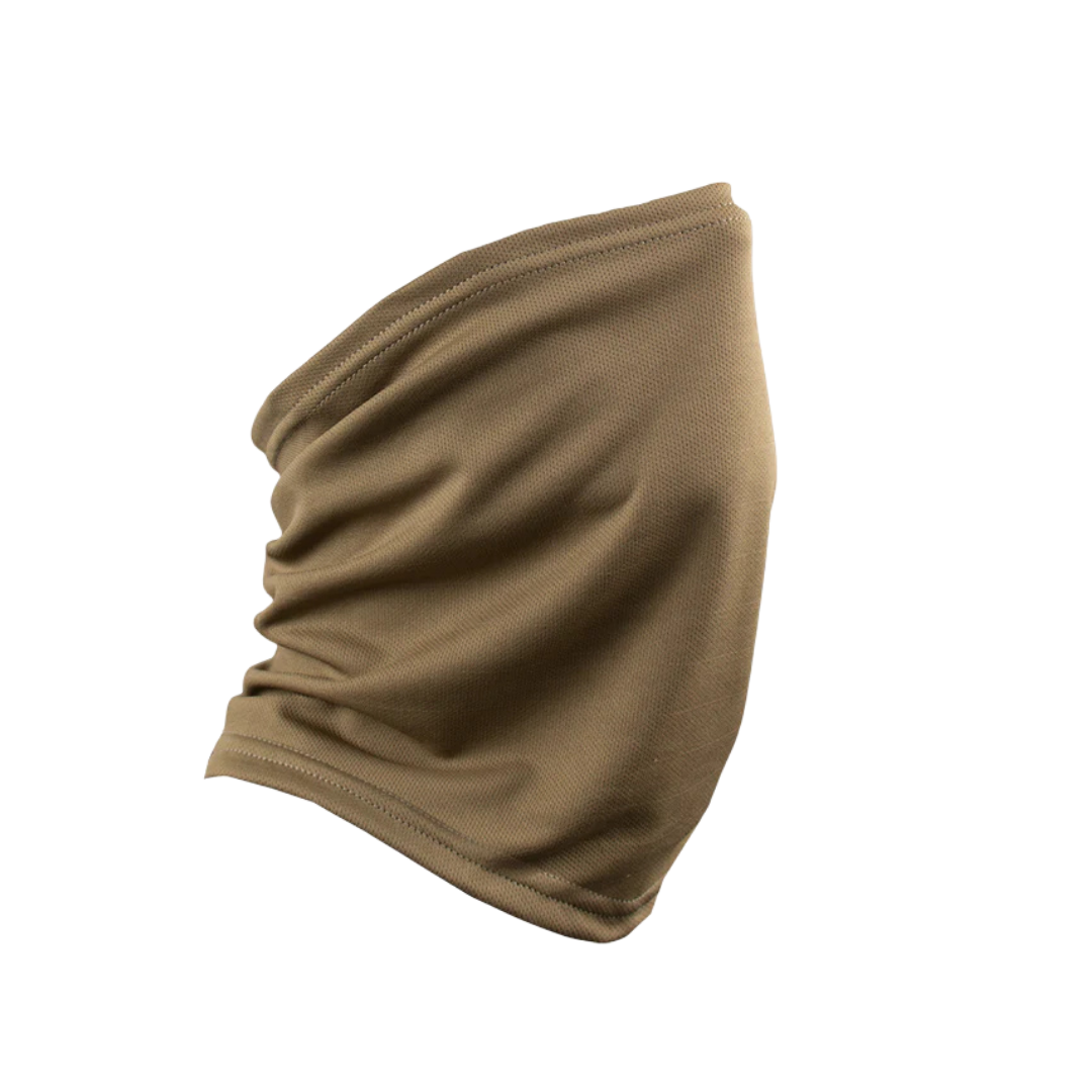 Beige neck gaiter or buff with gathered fabric, stretchy material for neck or face covering.