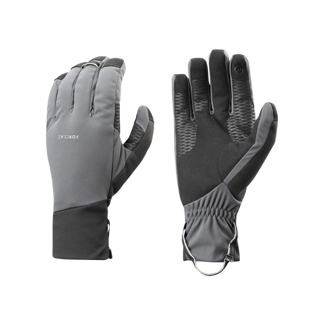 Pair of gray and black outdoor gloves, one showing the back and the other showing the palm side.
