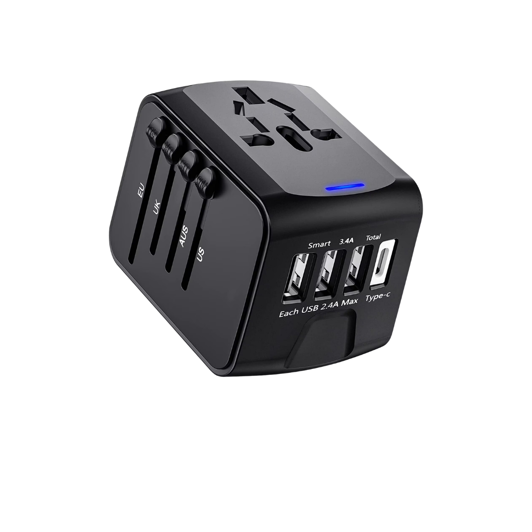 A black multi-device charging station with four European, UK, AU, and US power outlets on the top, four USB ports labeled 'Smart,' '3.4A,' 'Total,' and 'Each USB 2.4A Max,' and a Type-C port. There is a small blue LED indicator on the top.
