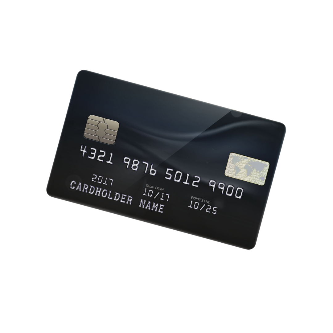 Black credit card with chip, card number, expiration date, and placeholder for cardholder's name, isolated on a transparent background.