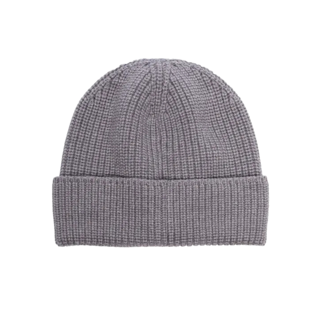 Gray knit beanie hat with a fold-up brim.