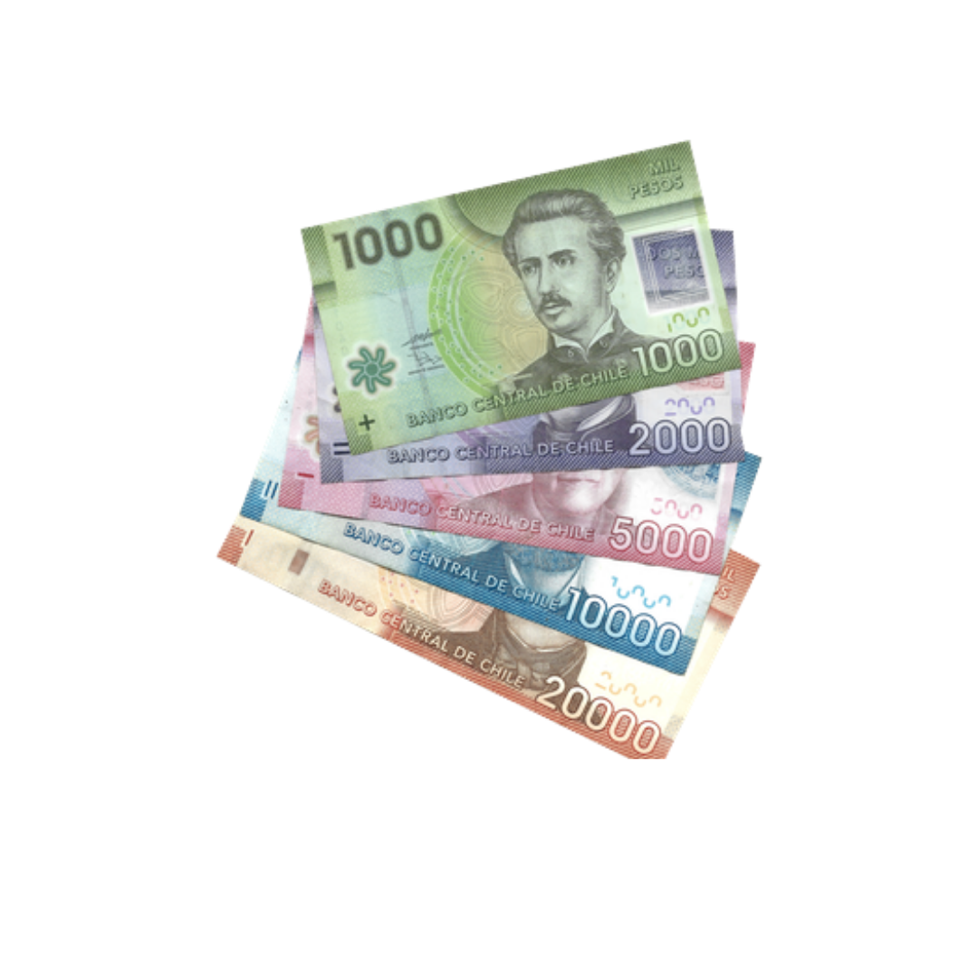 A stack of colorful Chilean banknotes including 1,000, 2,000, 5,000, 10,000, and 20,000 peso bills.