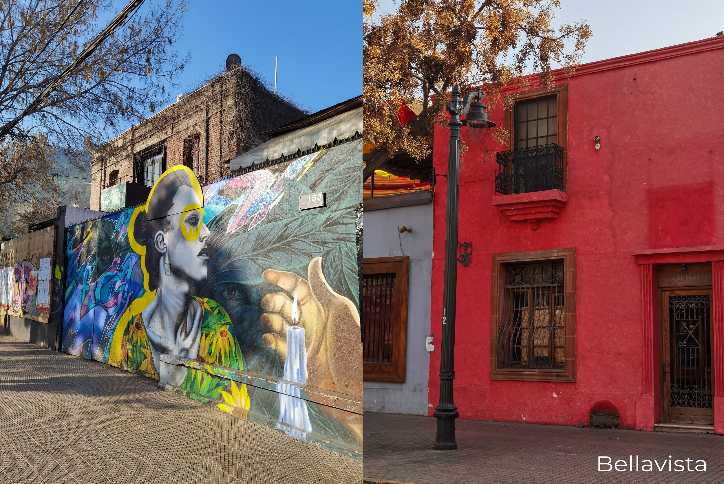 Street murals and colourful buildings in Bellavista, Santiago, Chile