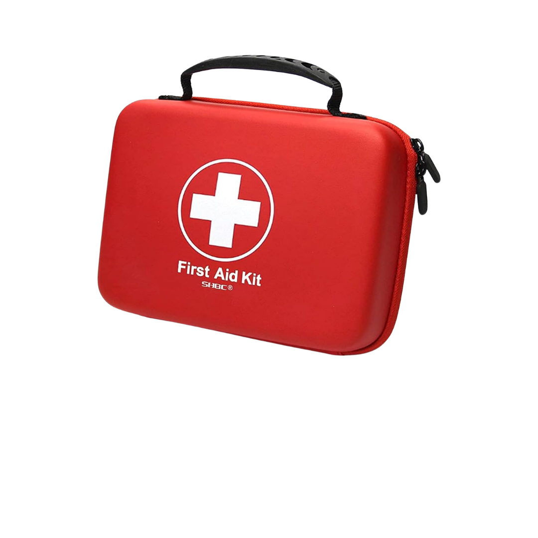 Red first aid kit with white cross and label reading 'First Aid Kit' on the front, black handle on top, and zippers on the side.