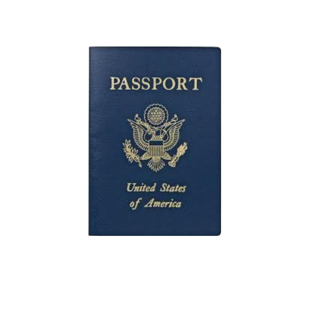 Blue U.S. passport cover with gold emblem and text.