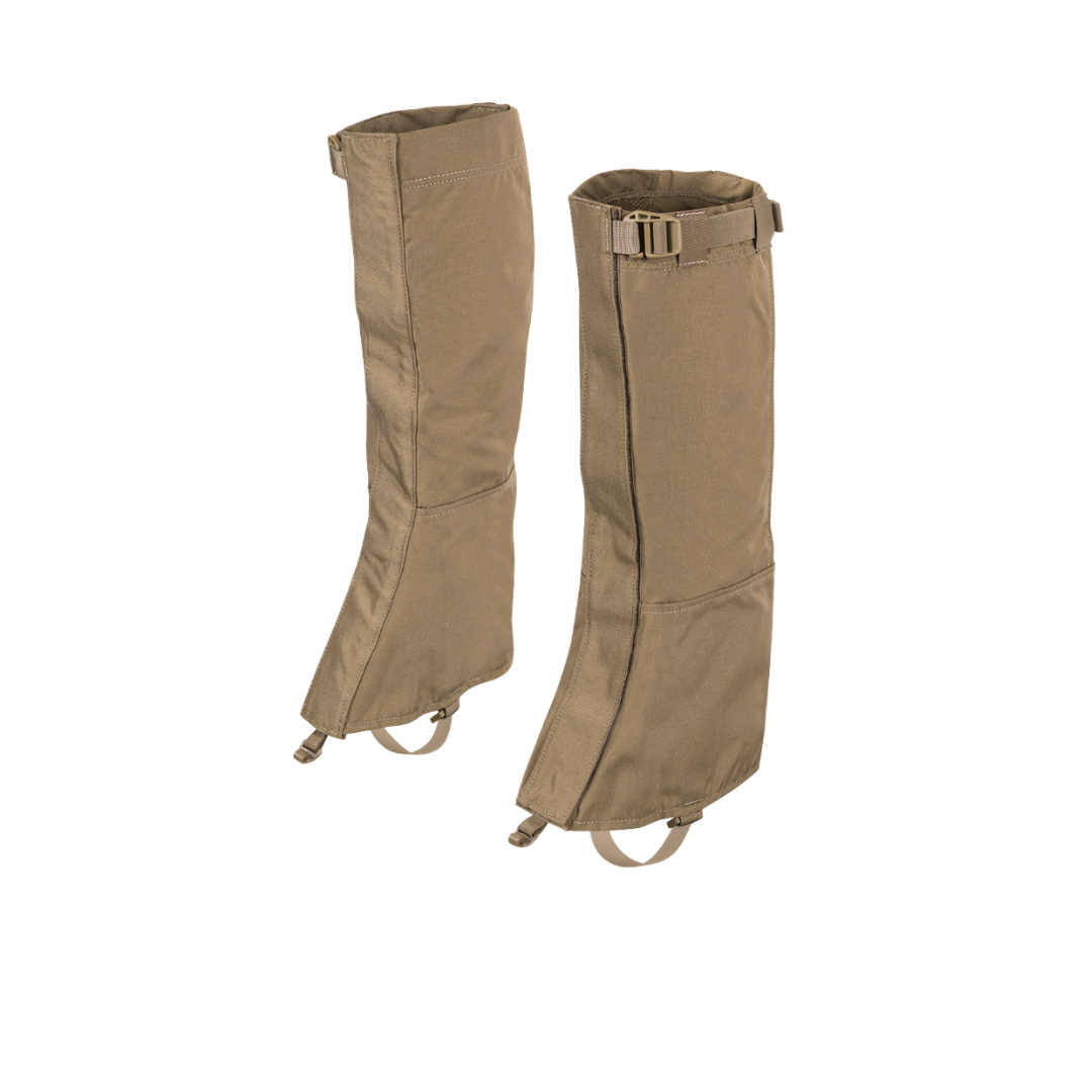 Pair of tan tactical leg gaiters with adjustable straps