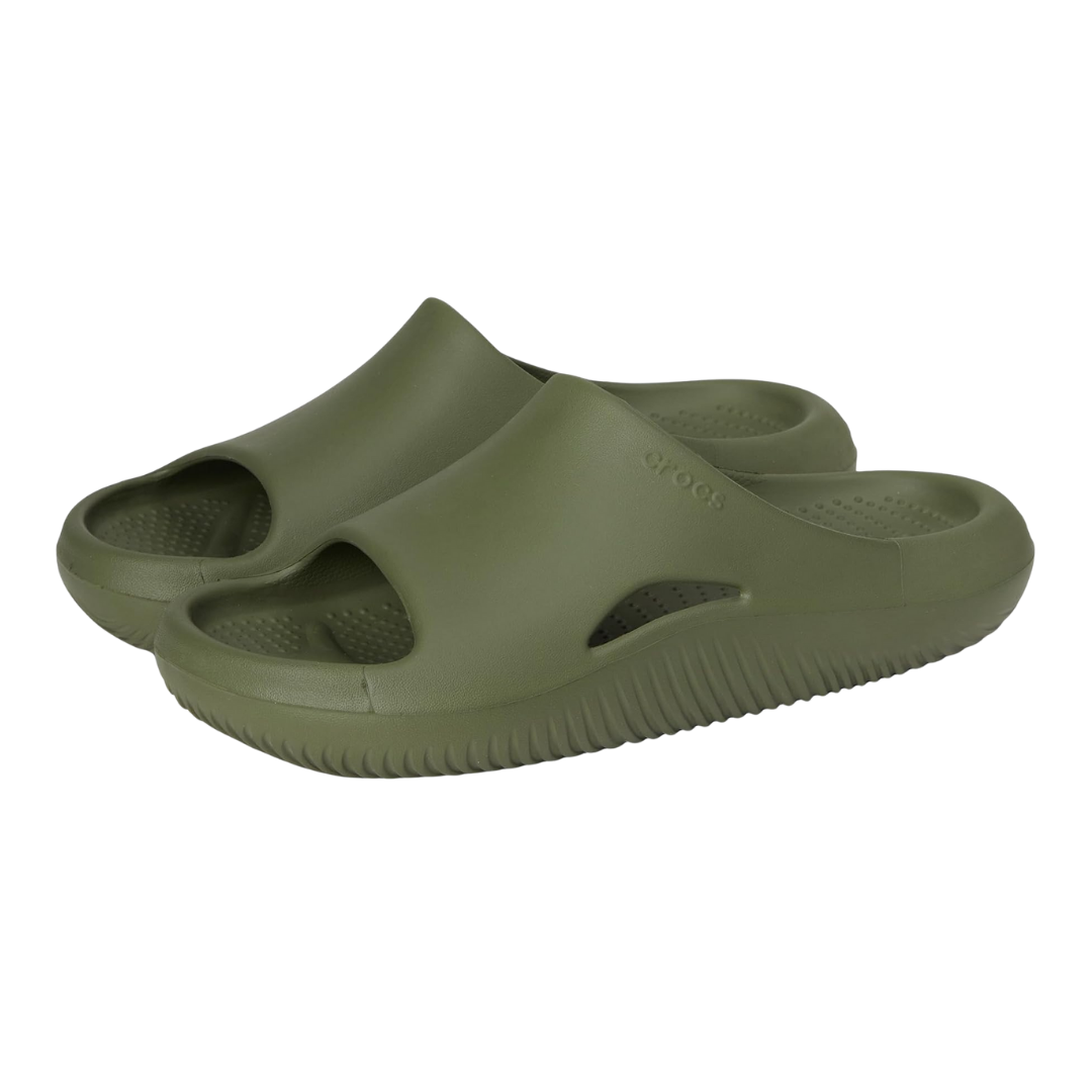 Olive green Crocs slide sandals with open-toe design and textured soles.
