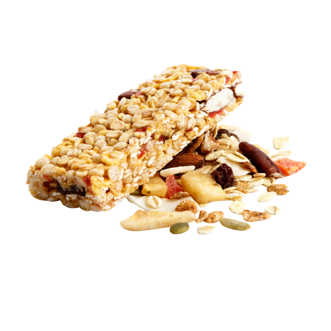 Granola bar with nuts and dried fruits, with loose nuts and oats scattered underneath