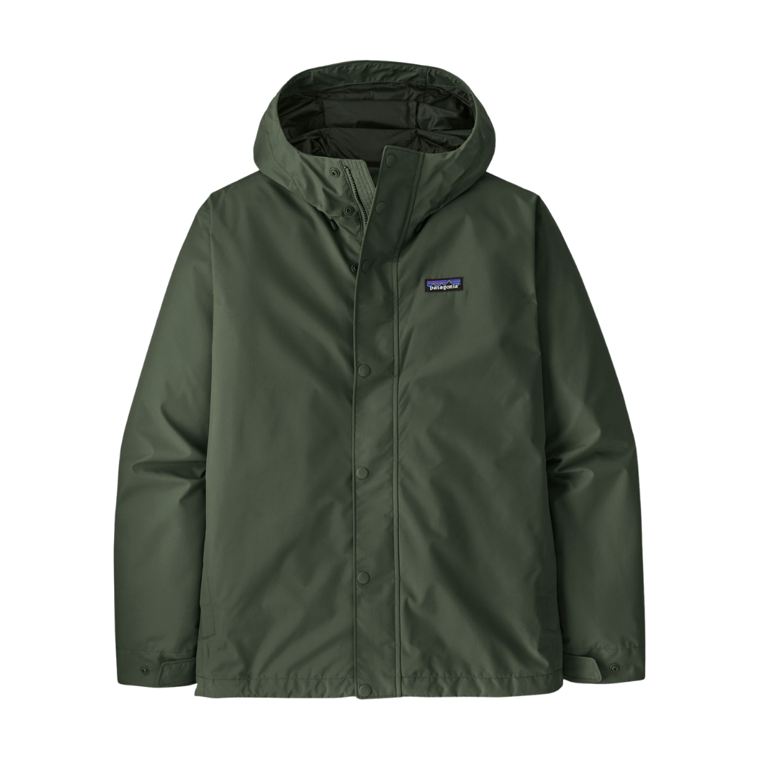 Green Patagonia waterproof winter jacket with hood.