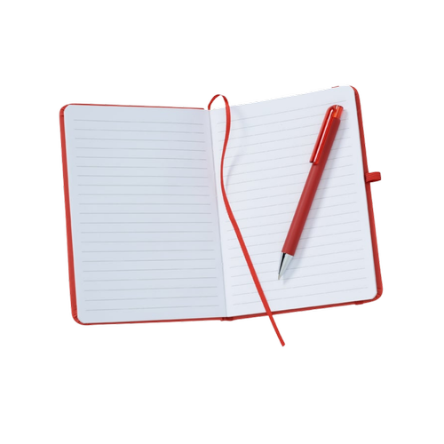 Open lined notebook with a red cover and pen