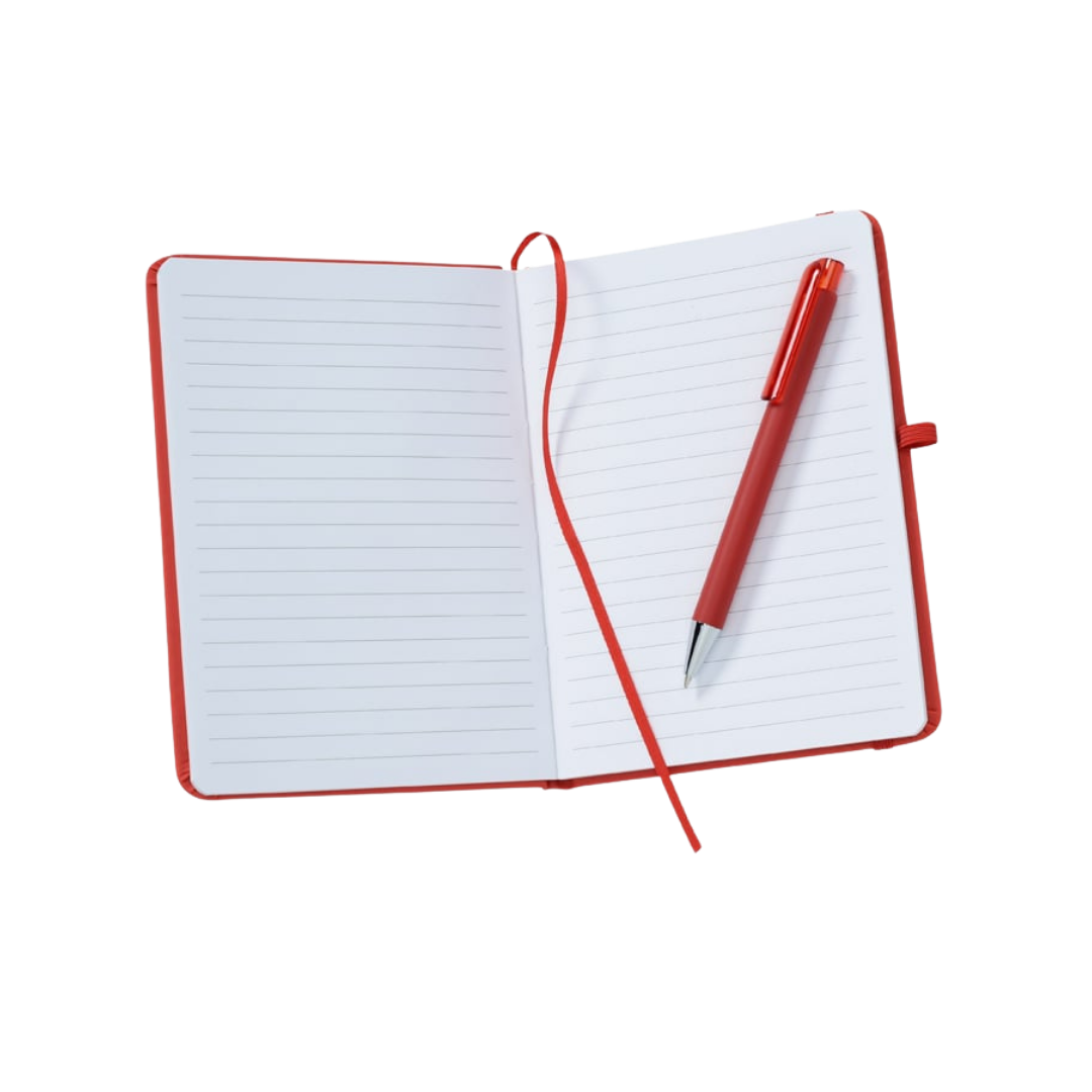 Open lined notebook with red cover, red ribbon bookmark, and red pen on right page.