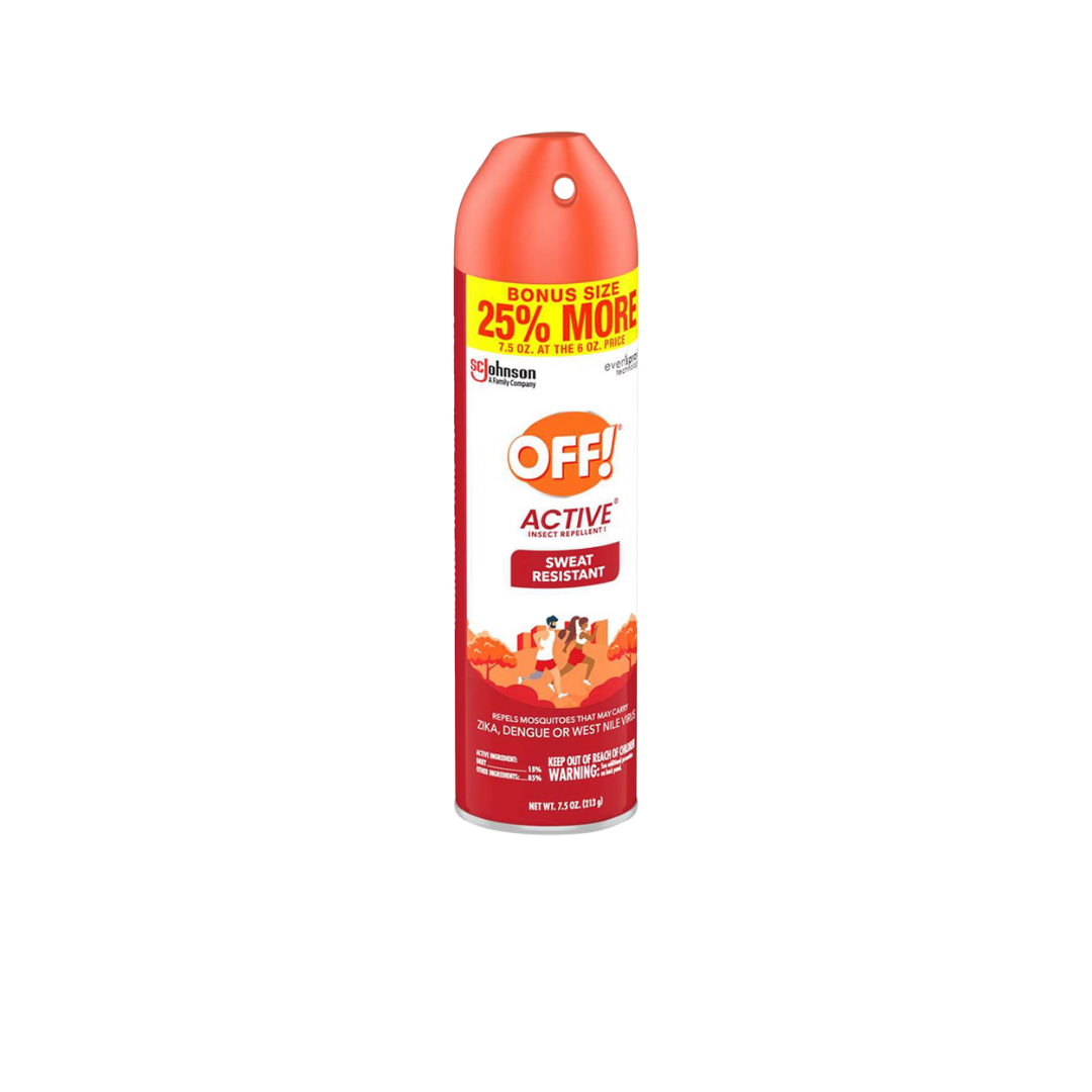 A can of OFF! Active insect repellent spray with a red and white label, promoting sweat resistance and a bonus size with 25% more.