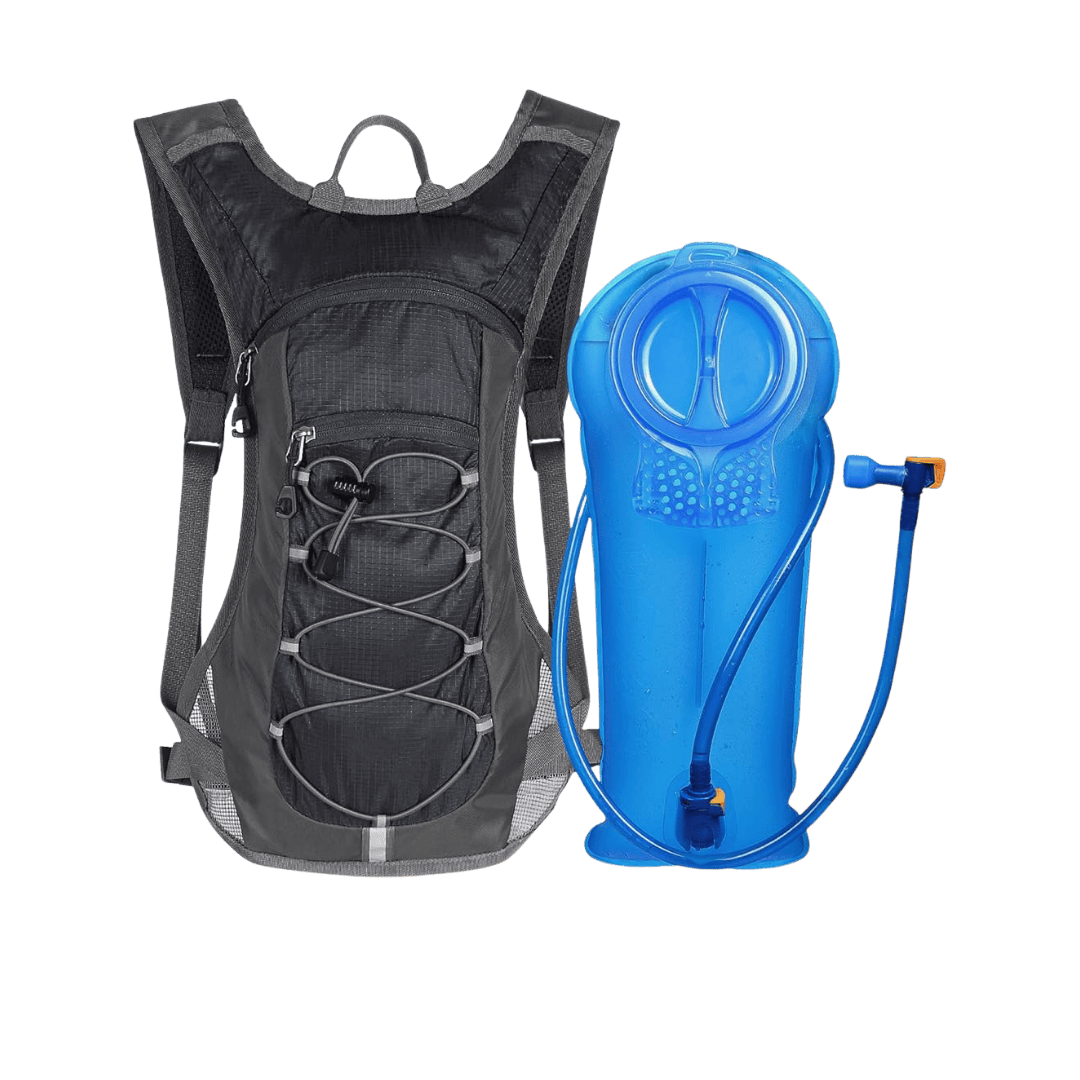 Black hydration backpack and blue hydration bladder with hose for outdoor activities.