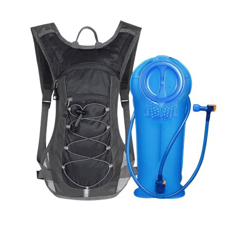 Black hydration backpack with bladder and hose