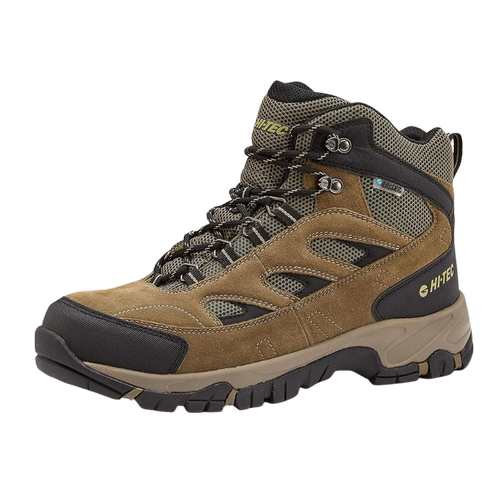 Brown and black hiking boot with sturdy sole and high ankle support