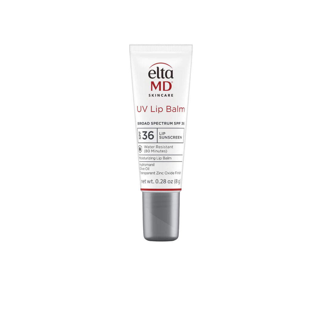 A tube of EltaMD UV Lip Balm with broad spectrum SPF 36, water resistance for 80 minutes, and ingredients including hydromanil and olive oil.