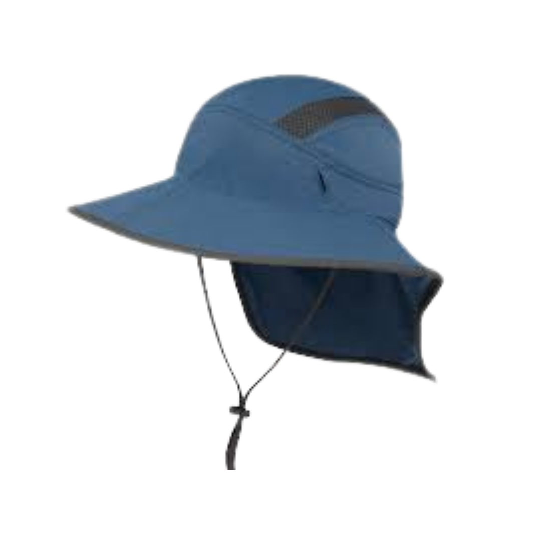 Blue wide-brimmed hat with a neck flap and mesh ventilation, mounted on a stand.
