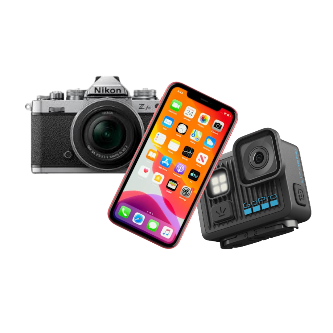 A Nikon Z fc camera, an iPhone with colorful app icons, and a GoPro HERO action camera connected to a mount.