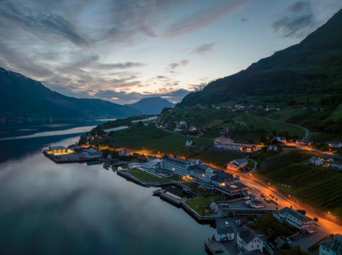 Dusk over Hardangerfjord at Lofthus, where Hotel Ullensvang sits on the shore