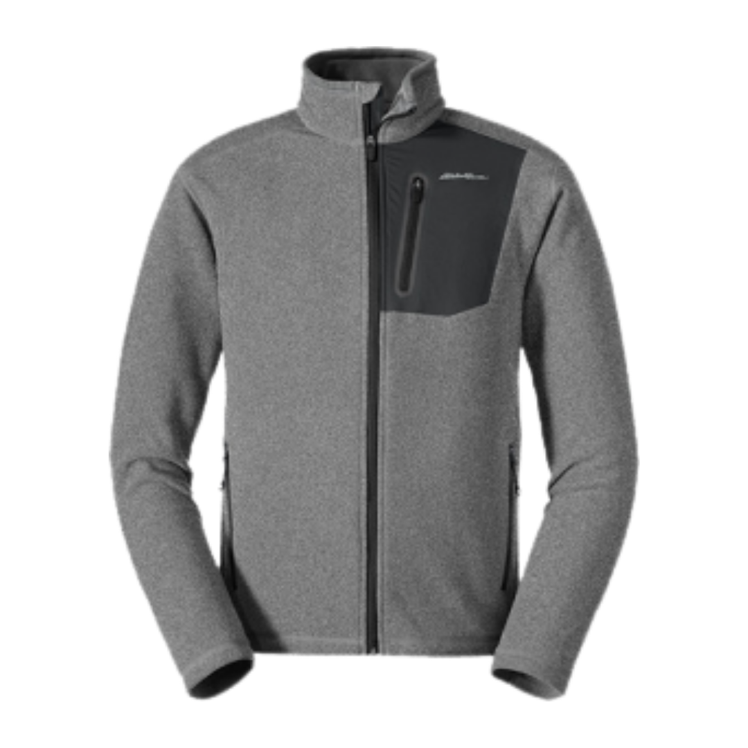 Gray waterproof outdoor jacket with black chest pocket and zippered pockets.