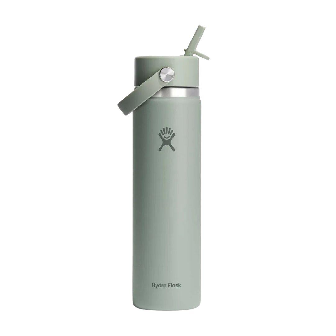 Light green Hydro Flask water bottle with black logo and gray cap