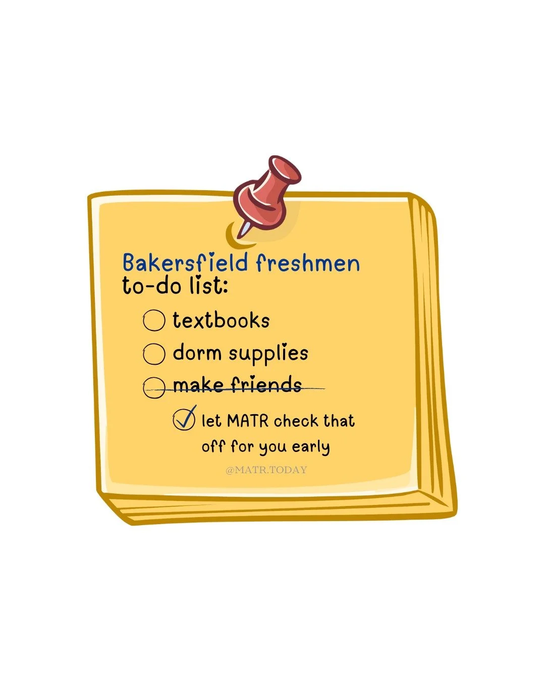 Starting at Bakersfield this fall? Don't do it alone.

College is better when you have someone to lean on. MATR helps you meet real friends through meaningful conversations, not just awkward small talk.

Click the link in the bio under &quot;college 