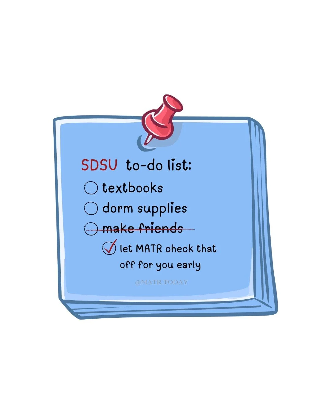 Starting at SDSU this fall? Don't do it alone.

College is better when you have someone to lean on. MATR helps you meet real friends through meaningful conversations, not just awkward small talk.

Click the link in the bio under &quot;college invite 