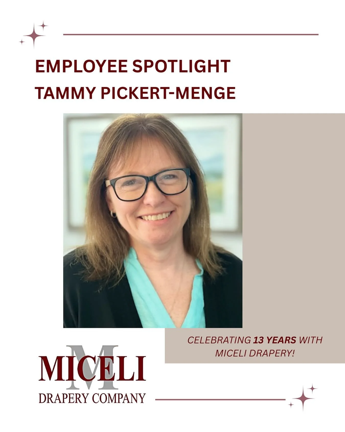 ✨ Please join us in congratulating Tammy on her incredible 13-year work anniversary with Miceli Drapery this July!
We&rsquo;re so lucky to have her on our team. Thank you for keeping us organized and on track in accounting and operations. Happy anniv