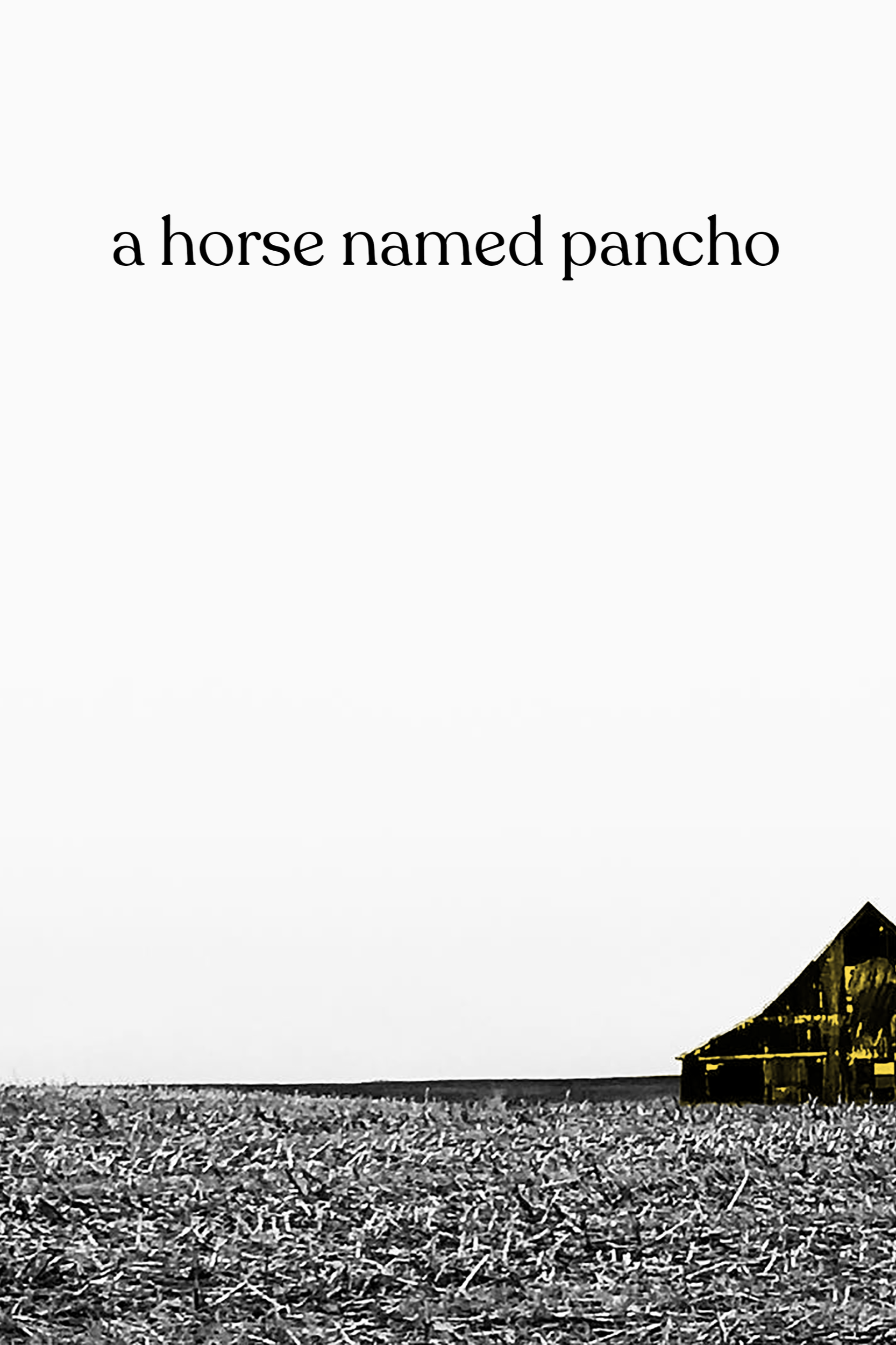 A black and white photo of a farm field with a barn on the right side, and the text 'a horse named pancho' in the upper left.