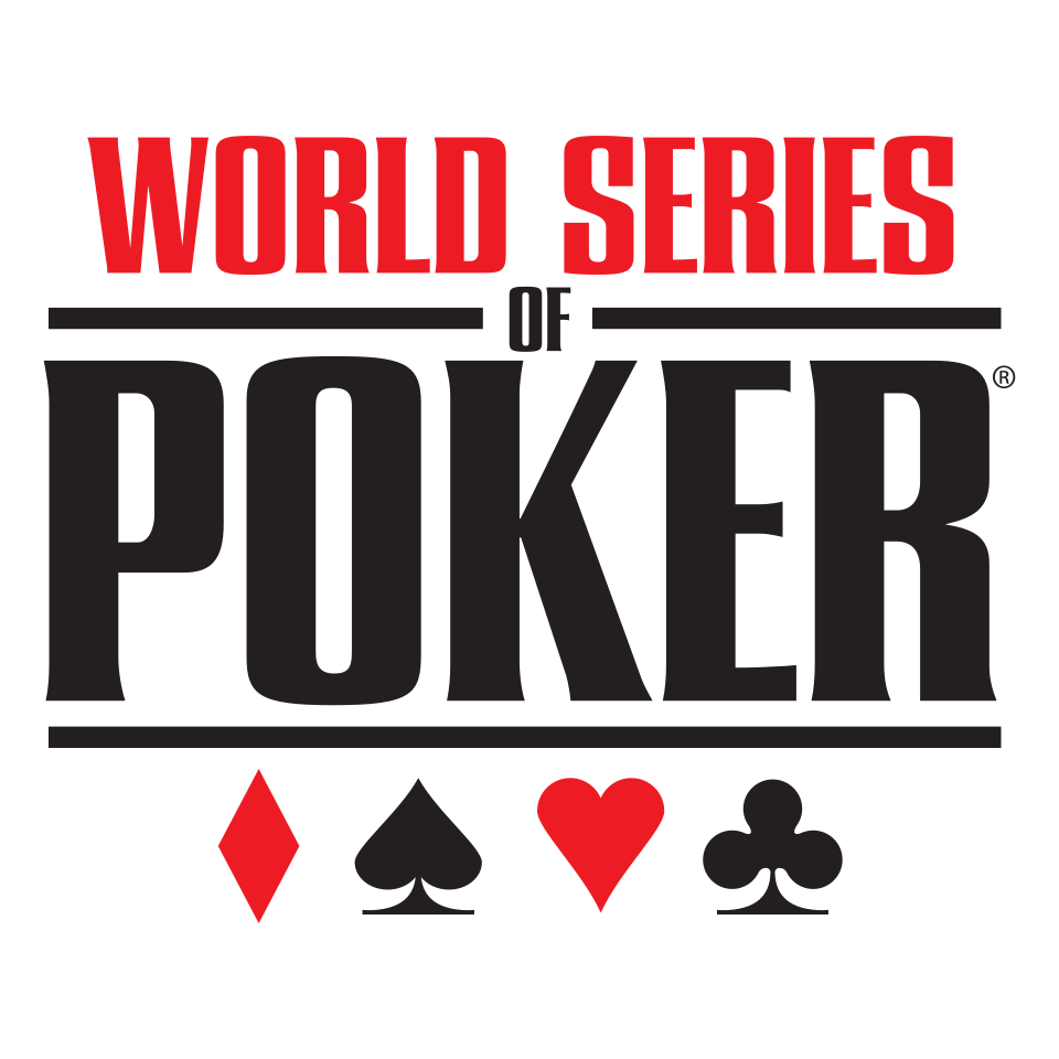Logo for World Series of Poker with red text, black and gray lettering, and icons of the four suits (diamonds, spades, hearts, clubs) in red and black at the bottom.