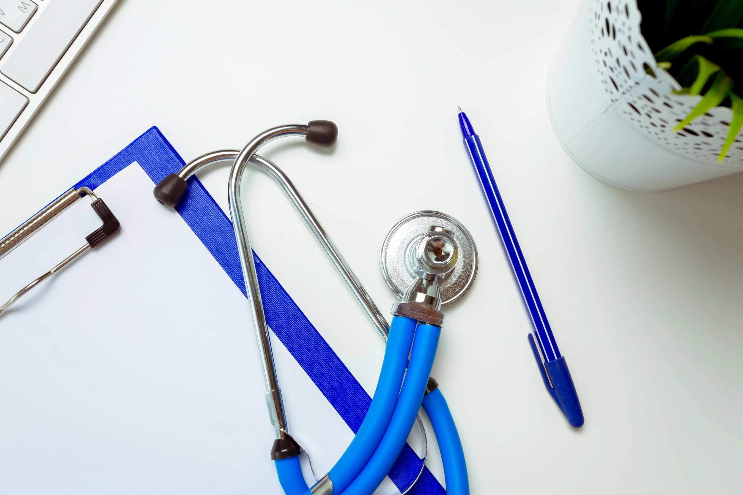 Medical stethoscope, blue pen, clipboard, and potted plant on a white desk.