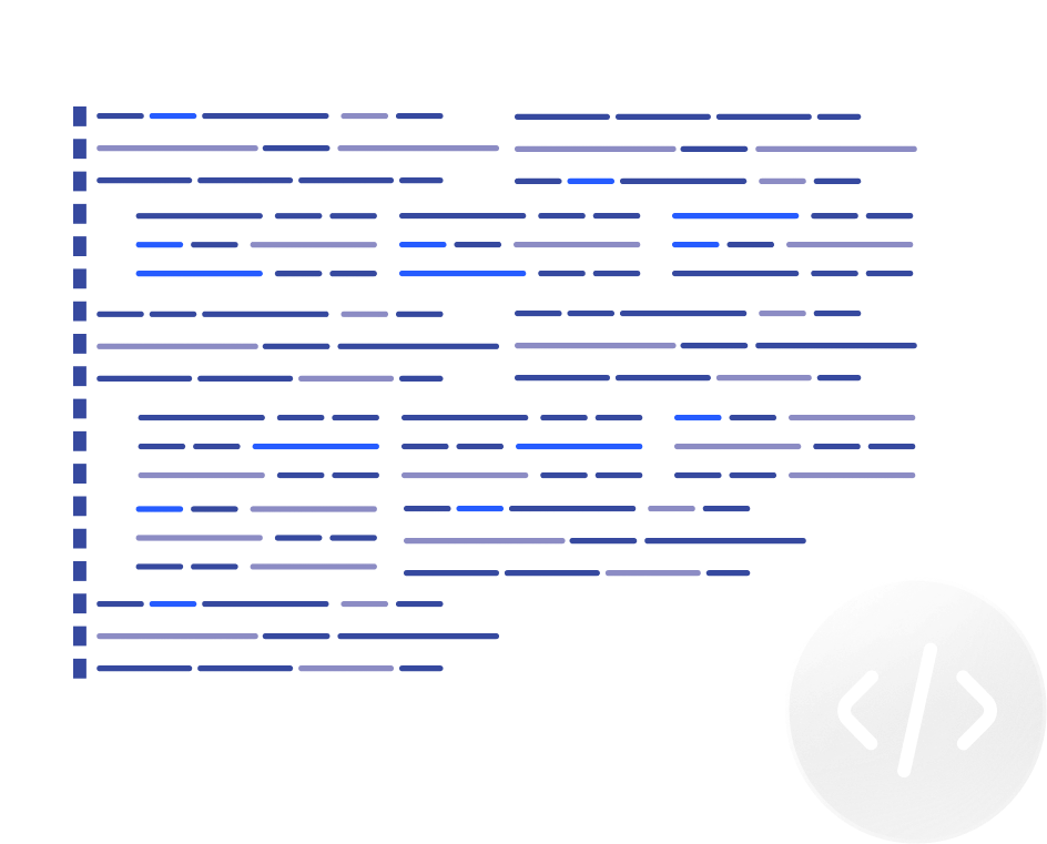 Generic digital code or programming script with blue lines on a white background and a semi-transparent icon of code brackets in the bottom right corner.