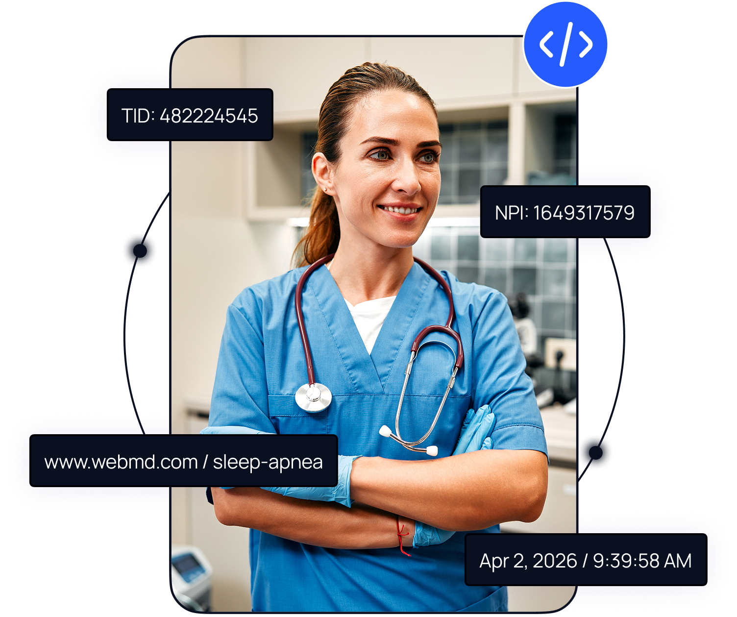 A female healthcare professional in blue scrubs with a stethoscope around her neck standing with arms crossed in a medical setting.