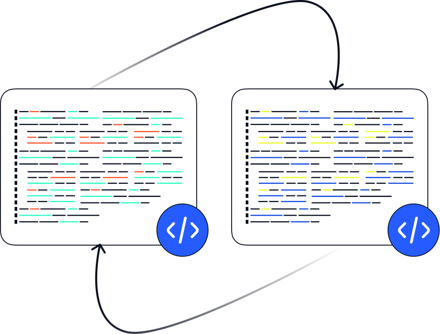Illustration of two code editor windows with colorful lines of code and a blue coding icon, connected by a dark cable or connection line.